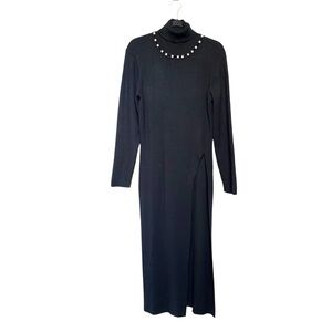 VENUS ribbed knit turtleneck dress pearl accents slit up front leg LARGE